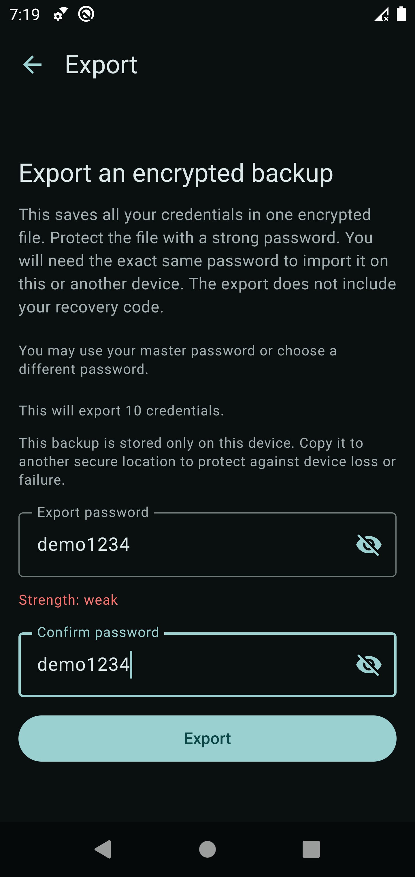 Exporting an encrypted backup