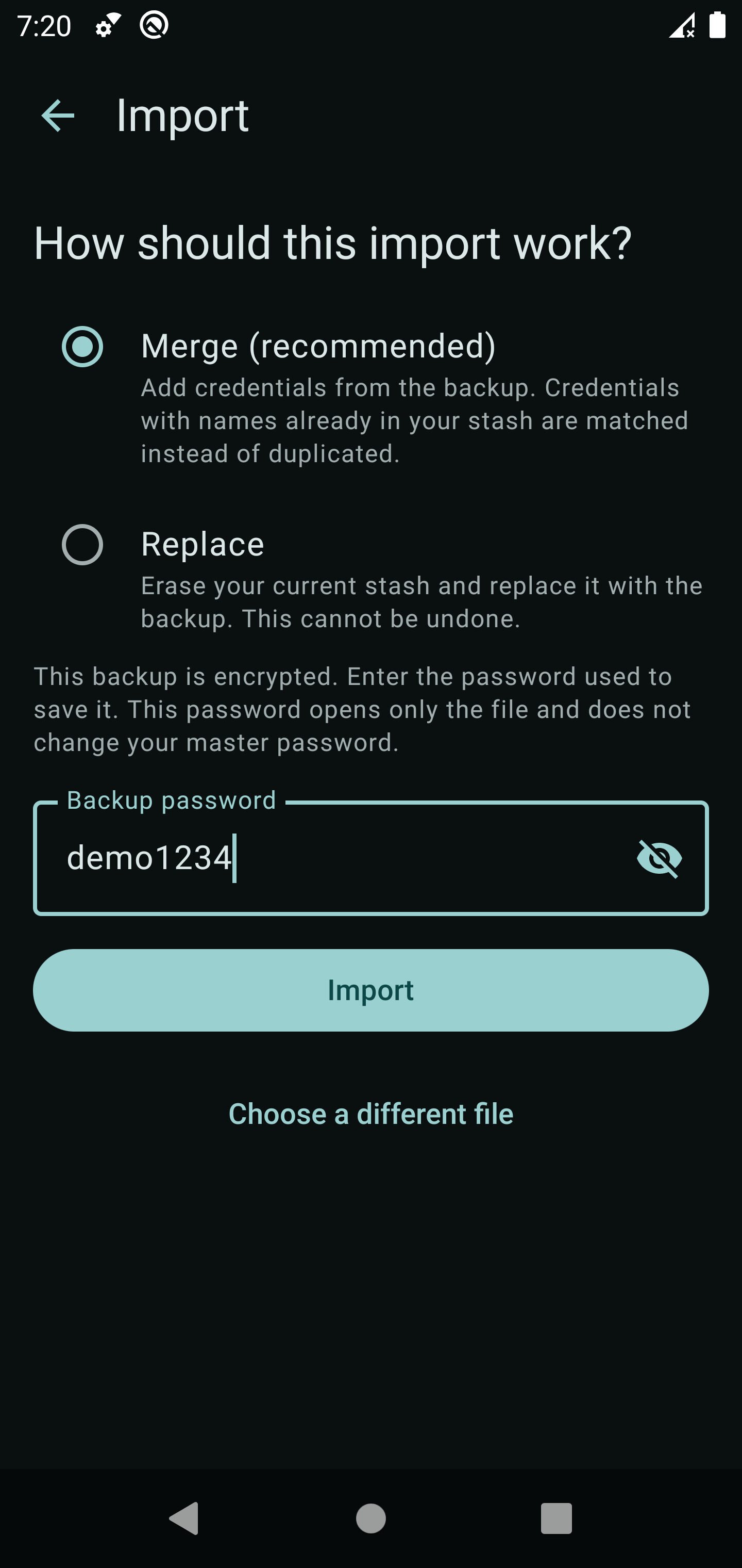 Importing an encrypted backup